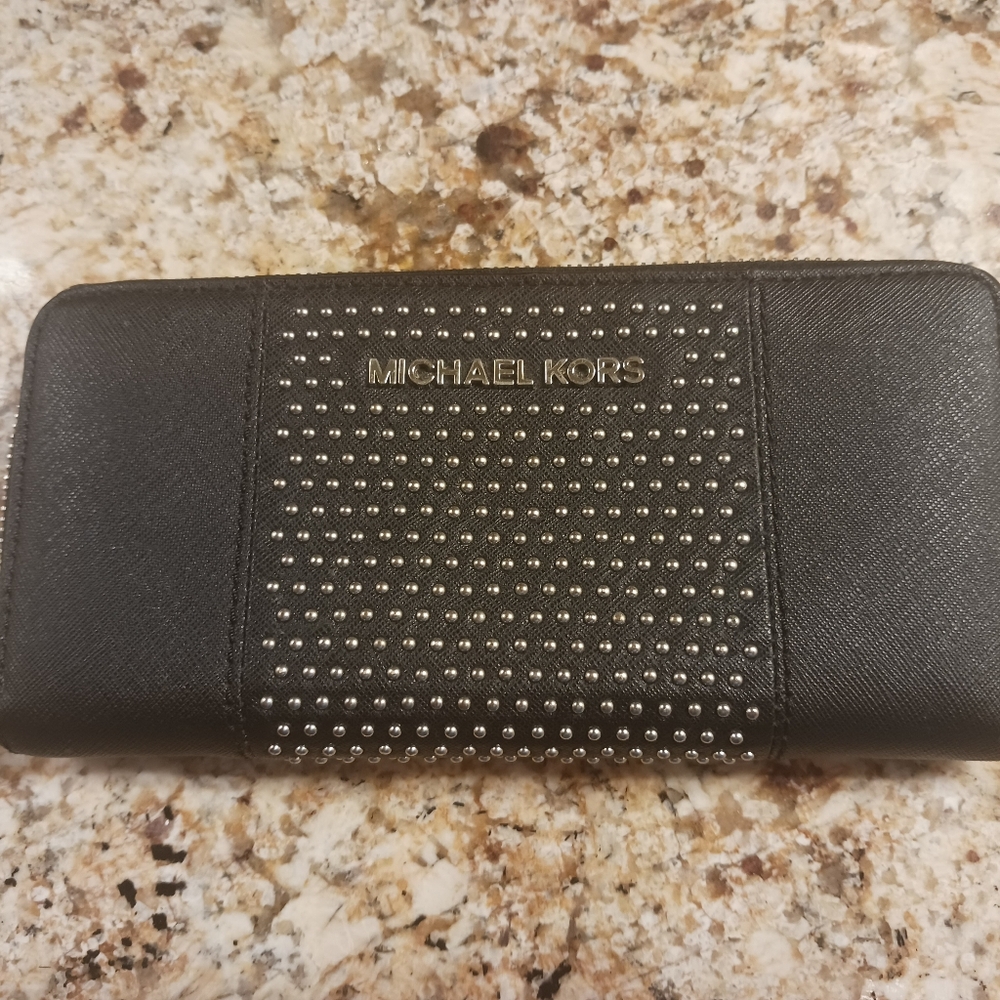 Michael Kors Black Studded Zip Around Saffiano Leather Continental Wallet
